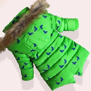 Χοντρό παιδικό χειμωνιάτικο  μπουφάν για τα αγόρια και τα κορίτσια - μακρύ με γούνα, με εικόνες σε πράσινο, μαύρο και μπλε χρώμα