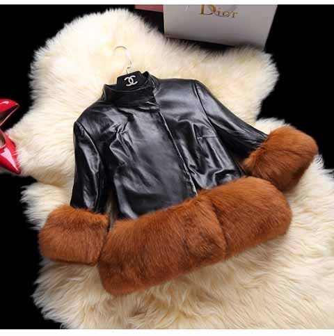 Κυρίες σακάκι από τεχνητή δέρμα και ογκώδη χνούδι του χιτωνίου και του πυθμένα του μαύρο σακάκι, γκρι, ροζ και βυσσινί