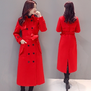 Дамско дълго зимно палто с комбинирана изработка от полиестър и подплатено с памук червено и черно