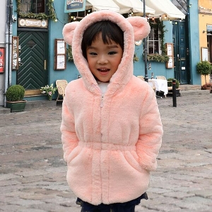 Παιδικό μακρύ παλτό για κορίτσια και αγόρια με κουκούλα με αυτιά σε ροζ και μαύρο χρώμα