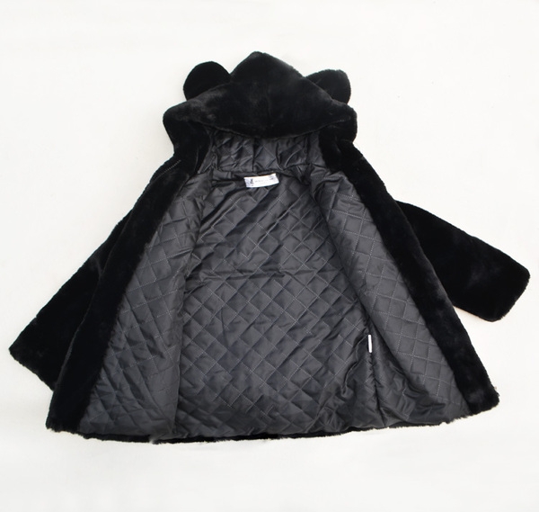 Παιδικό μακρύ παλτό για κορίτσια και αγόρια με κουκούλα με αυτιά σε ροζ και μαύρο χρώμα