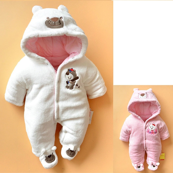 Зимен гащеризон за момичета и момчета в розов, светлосин, бял и жълт цвят с качулка в ушички на мече, куче и зайче