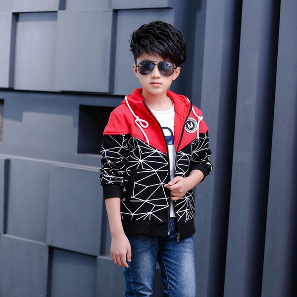 Παιδικό αθλητικό μπουφάν με κουκούλα σε κόκκινο, κίτρινο και γκρι για  αγόρια