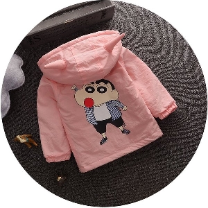 Παιδικό μπουφάν για κορίτσια και αγόρια και κινούμενες εικόνες στο πίσω μέρος σε ροζ, λευκό και πορτοκαλί, με κουκούλα και αυτιά
