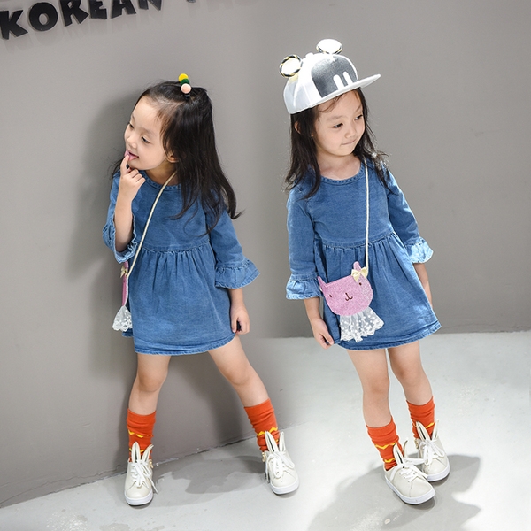 Παιδική τζιν φούστα για τα κορίτσια με 3/4 μανίκια - ξέσπασε σε μπλε χρώμα