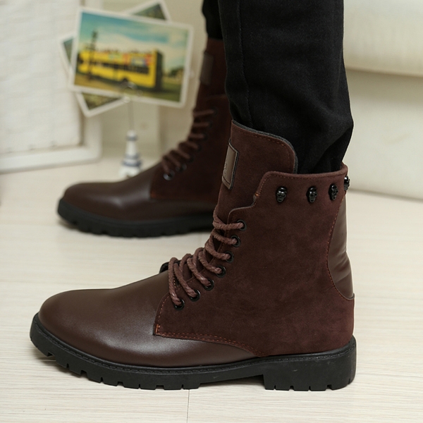 Стилни мъжки ботуши в черен и кафяв цвят, на лек ток с връзки