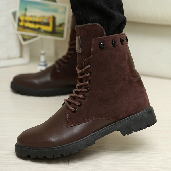 Стилни мъжки ботуши в черен и кафяв цвят, на лек ток с връзки