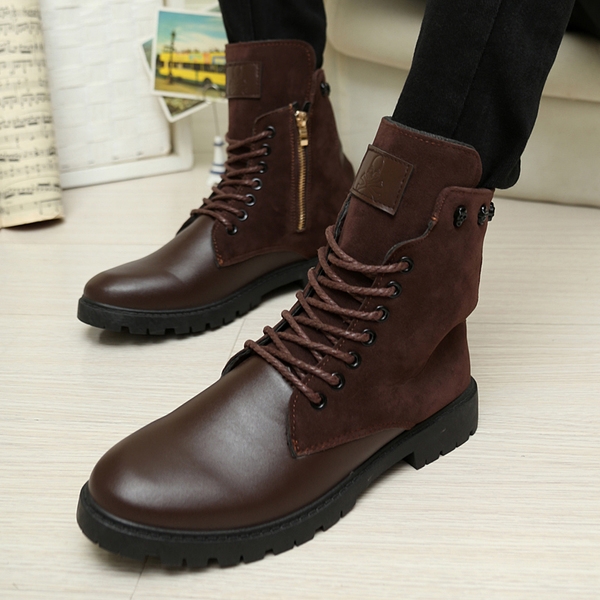 Стилни мъжки ботуши в черен и кафяв цвят, на лек ток с връзки