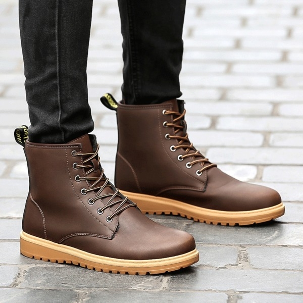 Стилни топли боти за мъже от изкуствена кожа в черен, кафяв и бежов цвят с устойчива подметка и връзки