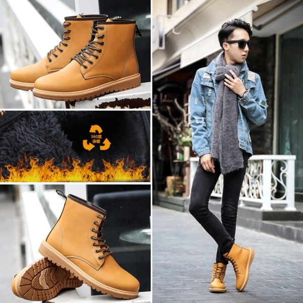Стилни топли боти за мъже от изкуствена кожа в черен, кафяв и бежов цвят с устойчива подметка и връзки
