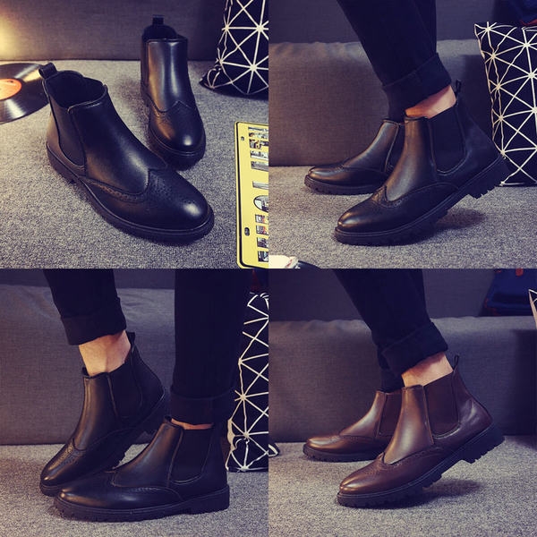 Χειμερινές κομψές μπότες για άνδρες από τεχνητό δέρμα μέχρι αστράγαλο σε μαύρο και καφέ χρώμα