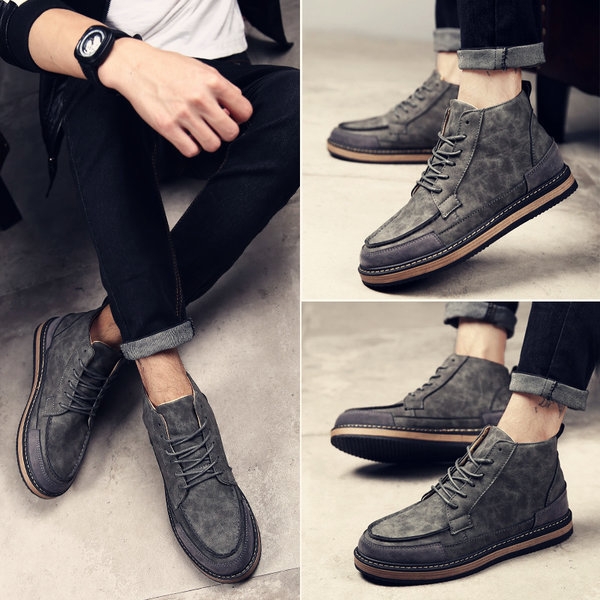 Зимни ретро боти с връзки в сив, черен и жълтокафяв цвят от микрофибърна кожа