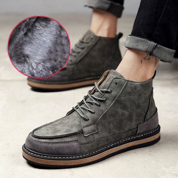 Зимни ретро боти с връзки в сив, черен и жълтокафяв цвят от микрофибърна кожа