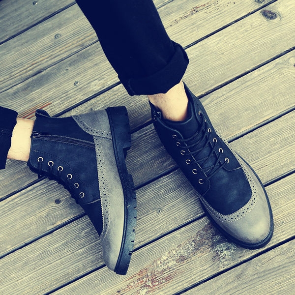 Стилни мъжки зимни боти в британски стил с връзки и устойчива подметка в черен и бежов цвят