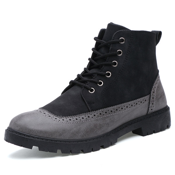 Стилни мъжки зимни боти в британски стил с връзки и устойчива подметка в черен и бежов цвят