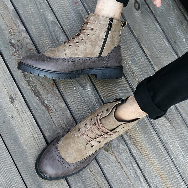 Стилни мъжки зимни боти в британски стил с връзки и устойчива подметка в черен и бежов цвят