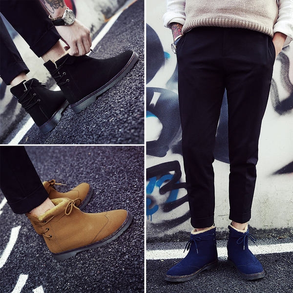 Ζεστές ανδρικές μπότες σεμαύρο, μπλε και καφέ χρώμα με κορδόνια