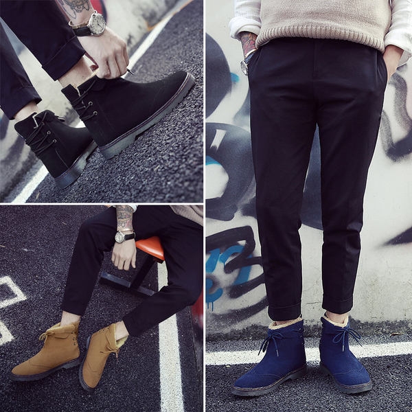 Ζεστές ανδρικές μπότες σεμαύρο, μπλε και καφέ χρώμα με κορδόνια