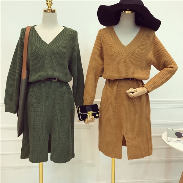 Πλεκτά τύπου πουλόβερ μακρύ φόρεμα με μακριά μανίκια και V-λαιμός των γυναικών σε πράσινο, κίτρινο, πορτοκαλί και μαύρο