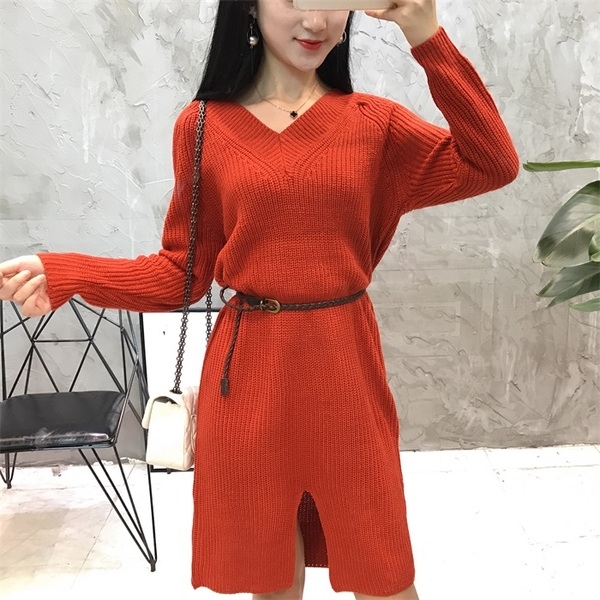 Πλεκτά τύπου πουλόβερ μακρύ φόρεμα με μακριά μανίκια και V-λαιμός των γυναικών σε πράσινο, κίτρινο, πορτοκαλί και μαύρο