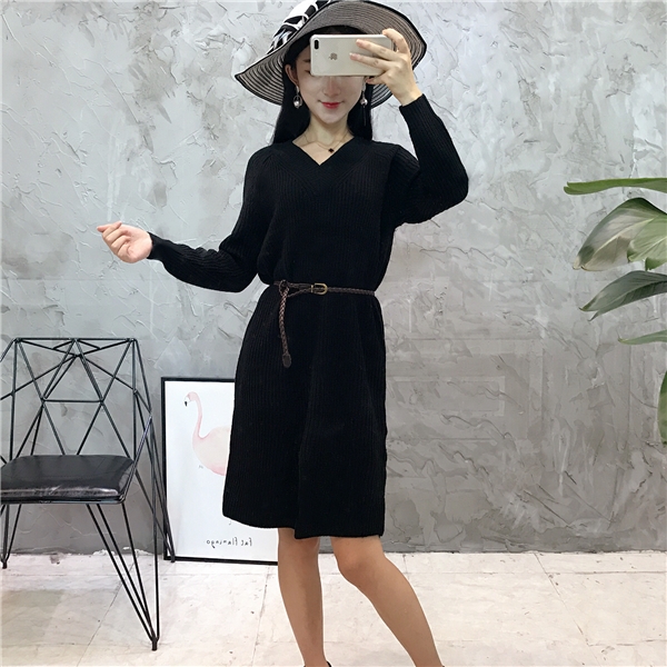 Πλεκτά τύπου πουλόβερ μακρύ φόρεμα με μακριά μανίκια και V-λαιμός των γυναικών σε πράσινο, κίτρινο, πορτοκαλί και μαύρο