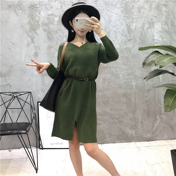 Πλεκτά τύπου πουλόβερ μακρύ φόρεμα με μακριά μανίκια και V-λαιμός των γυναικών σε πράσινο, κίτρινο, πορτοκαλί και μαύρο