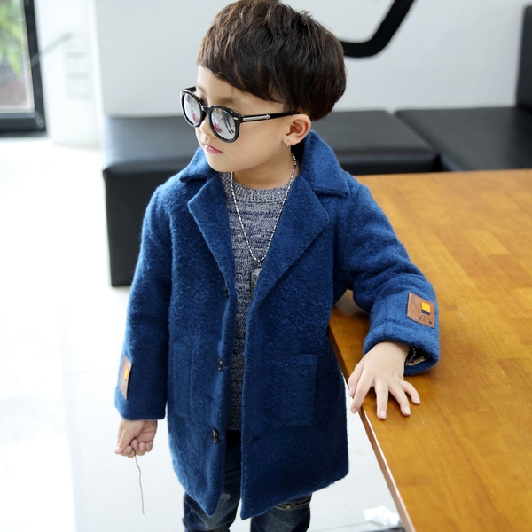 Вълнено зимно палто за момчета в син и жълт цвят - дълго и с копчета