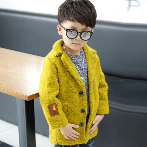 Вълнено зимно палто за момчета в син и жълт цвят - дълго и с копчета