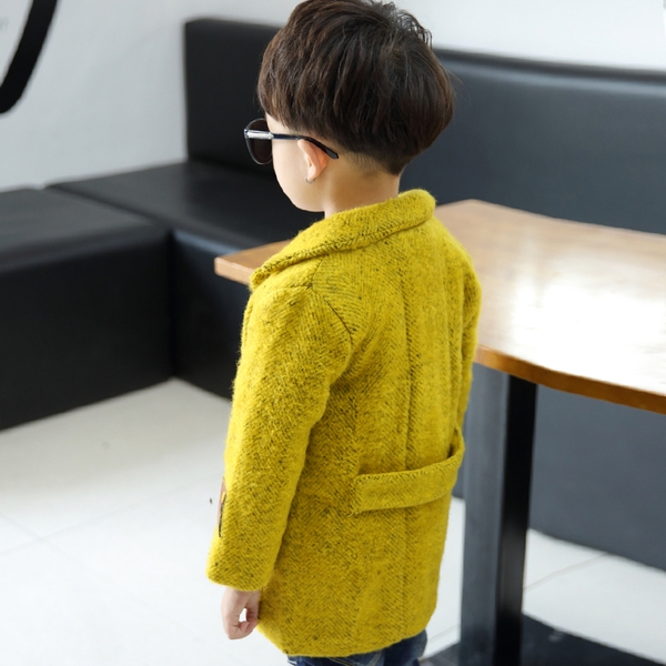 Вълнено зимно палто за момчета в син и жълт цвят - дълго и с копчета