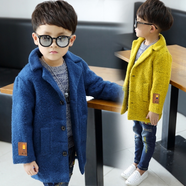 Вълнено зимно палто за момчета в син и жълт цвят - дълго и с копчета