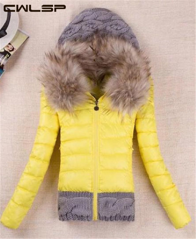 Есенно яке с пух на яката и плетена качулка в различни цветове
