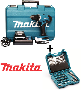 Makita Бормашина винтоверт DF347DWE + комплект аксесоари Makita 60 бр P-90358