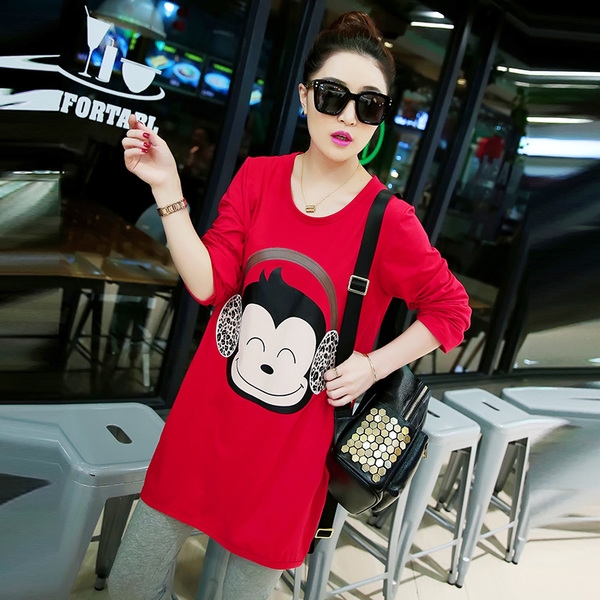 Дамска дълга червена блуза - туника за бременни жени с дълги ръкави с апликация