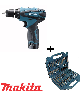 Makita Винтоверт-бормашина акумулаторен DF330DWE + Накрайник с магн.държач к-кт P-45272