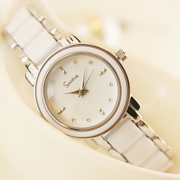 Дамски часовник в свежи цветове - розов, цикламен, бял, бежов и черен цвят. 