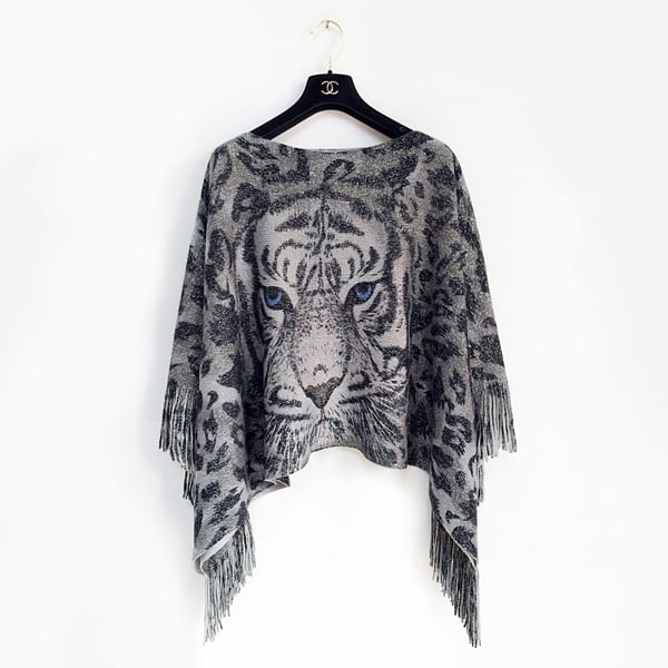 Дамска широка блуза с ресни и тигър в два цвята - сива и кафява