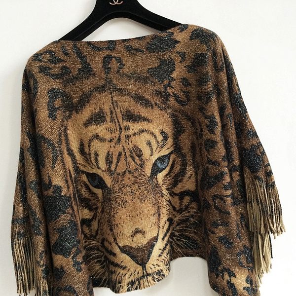 Дамска широка блуза с ресни и тигър в два цвята - сива и кафява