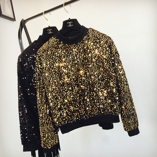 Дамски дискотечен блестящ пуловер с пайети в зелен, черен и златист цвят