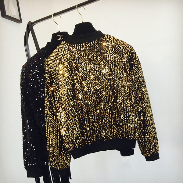 Дамски дискотечен блестящ пуловер с пайети в зелен, черен и златист цвят
