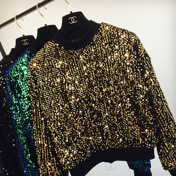 Дамски дискотечен блестящ пуловер с пайети в зелен, черен и златист цвят