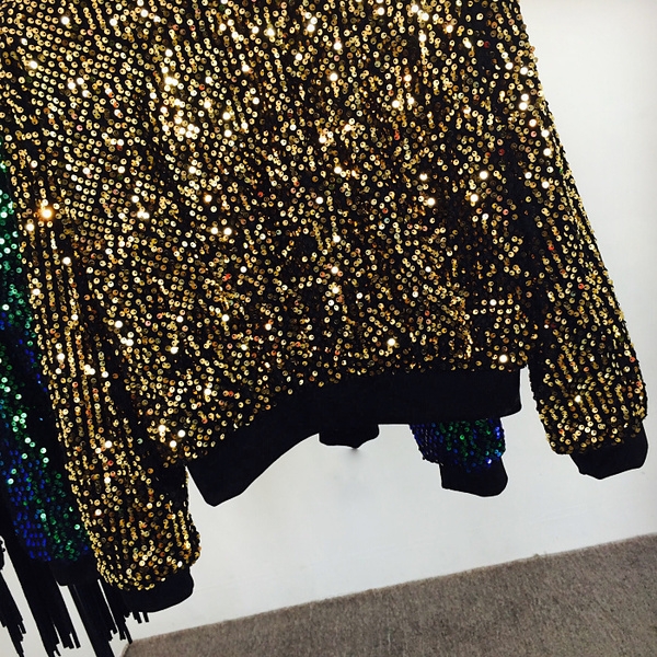 Дамски дискотечен блестящ пуловер с пайети в зелен, черен и златист цвят