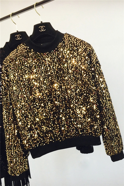 Дамски дискотечен блестящ пуловер с пайети в зелен, черен и златист цвят