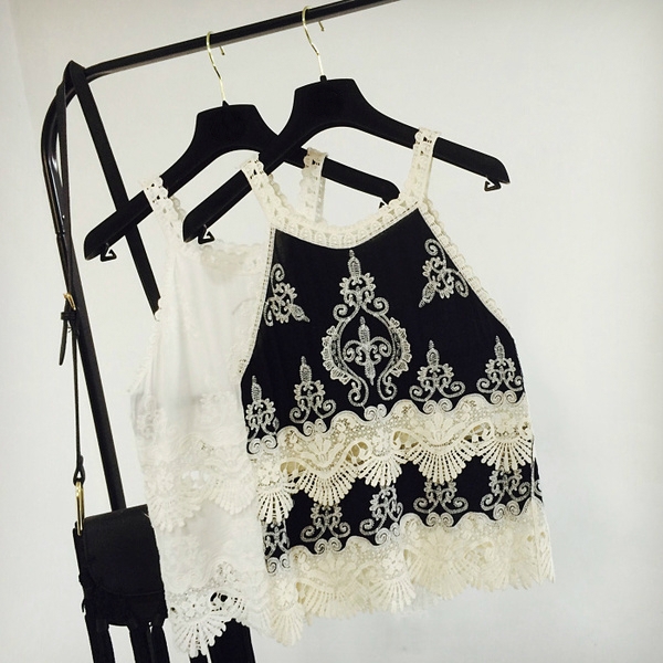 Дамски летен потник с дантела в два цвята черен и бял