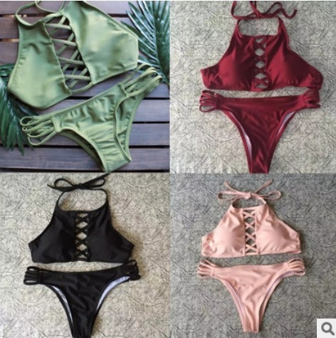 Дамски НОВ бански костюм ХИТ модел с връзки: 4 цвята