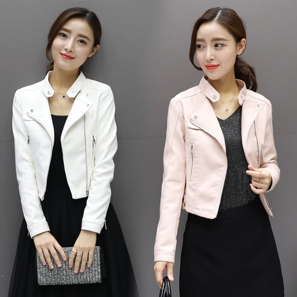 Дамско елегантно късо кожено яке с цип: Черно, Бяло, Розово