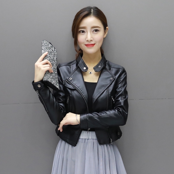 Дамско елегантно късо кожено яке с цип: Черно, Бяло, Розово