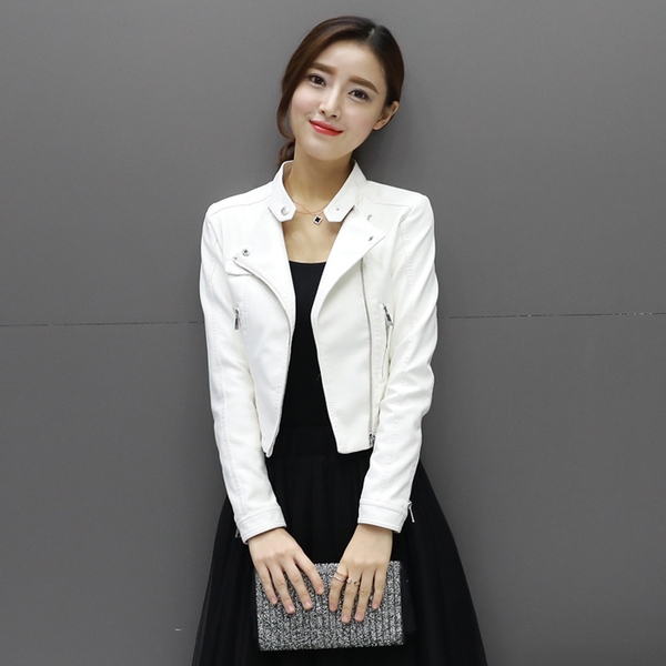 Дамско елегантно късо кожено яке с цип: Черно, Бяло, Розово