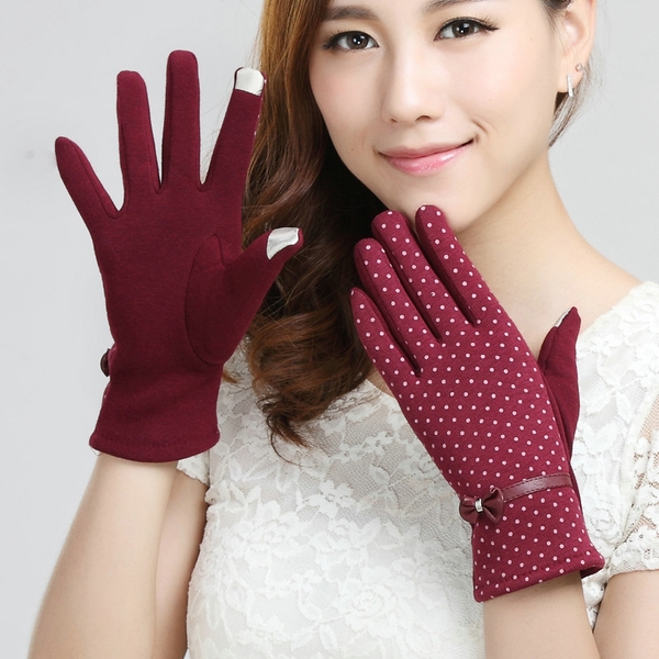 Топли дебели ръкавици на точки за жени с панделка в розов, кафяв, бежов, черен и червен цвят