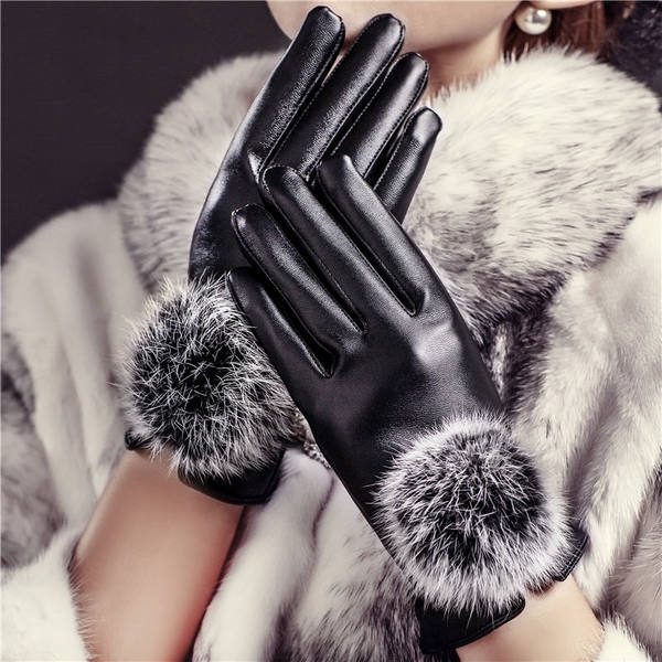 Стилни кожени дамски ръкавици с пух в черен, червен и кафяв цвят