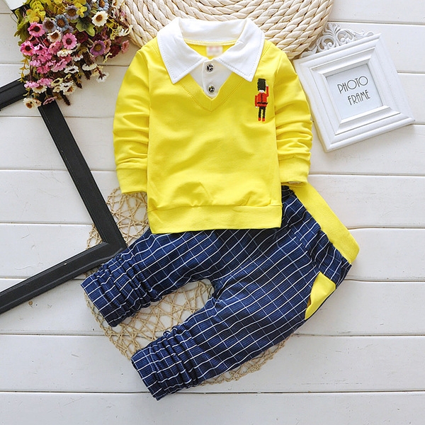 Детски пролетен комплект блузка с бяла яка и панталони: Червен и Жълт цвят